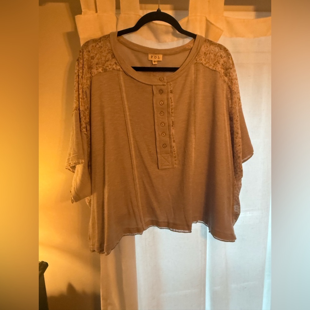 POL Women's Denim Colored Floral Accent Blouse